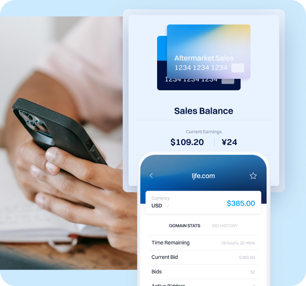 User viewing aftermarket domain sales balance and auction details on a mobile dashboard.
