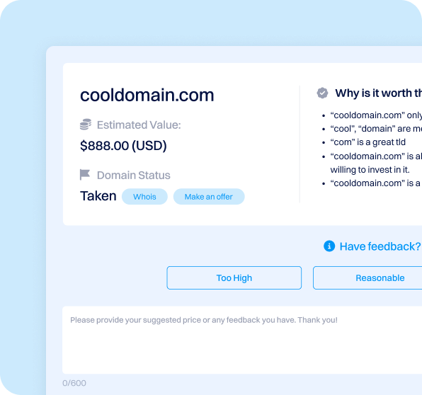 Domain appraisal tool showing estimated value, WHOIS access, and make-an-offer option.