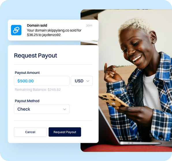Domain sale notification with payout request form showing earnings withdrawal.