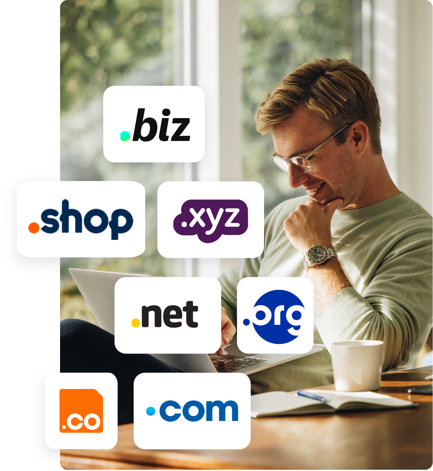 Person working on laptop with domain extension icons like .com, .net, .org, .biz, .shop and .xyz